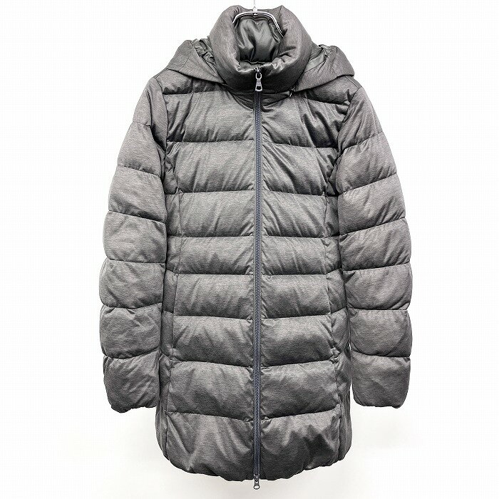 Down Coat - 【中古】UNIQLO ユニクロ ダウンコート ハイネック 内ポケット無し フード脱着可 ダブルジップ 無地 長袖 ポリ100%(ダウン80%＋フェザー20%) S ヘザーグレー レディース