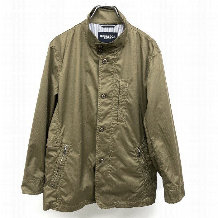 Rakuten - 【スーパーSALE★30%OFF★対象商品】【中古】[印象AB] McGREGOR マックレガー ジャケット レディース M グリーンブラウン カーキ系 ポリ×綿 ハイネック カフスにボーダー柄裏地 内ポケット×1 ジップポケット 薄手 マイクロリブボーダー 裏地無し ボタン×ジップ留め 長袖