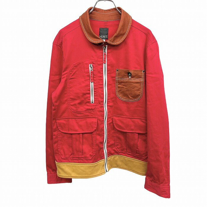 【楽天スーパーSALE限定!! ＼★35%OFF★／対象商品|9月4日(木)20時00分〜9月11日(木)01時59分まで】【中古】ヒアーズ HERE'S シャツ生地 ジャケット ブルゾン ジップアップ 裏地無し 長袖 無地 綿×ポリウレタン M レッド 赤×茶×黄 メンズ