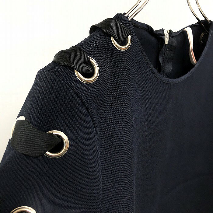 【中古】ZARA ザラ S レディース 女性 プルオーバー Tシャツ風トップス ジャケット 肩から袖がレースアップ風デザイン 半袖 綿×ポリウレタン 紺