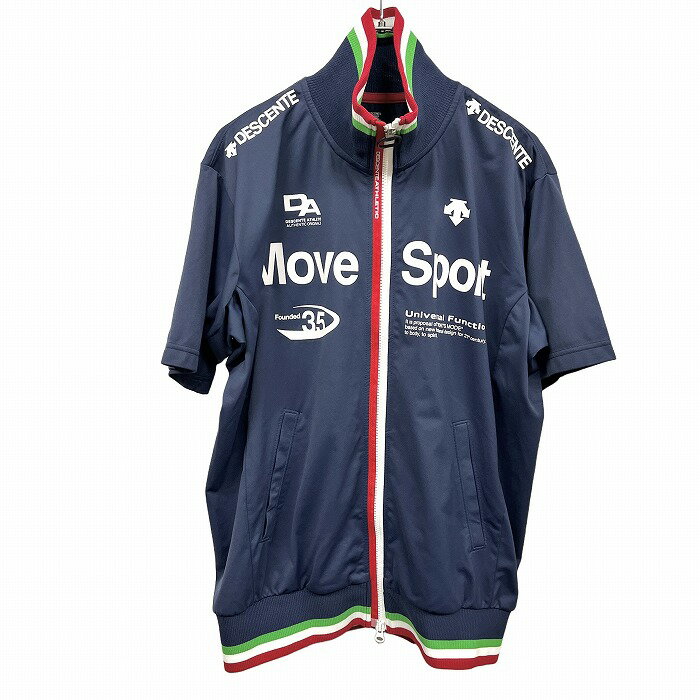 樂天商城 - 【中古】[印象AB] DESCENTE デサント ジャケット メンズ L ネイビー 紺×赤×緑×白 ポリ100% 少し薄手 ダブルジップ ハイネック ロゴ 英字 プリント 半袖