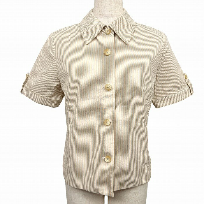 樂天商城 - 【中古】[印象AB] DAKS ダックス シャツジャケット レディース L (11AR) ブラウン 茶×ベージュ 綿100% 後ろ身頃が少し短め ストライプ ボタン留め 半袖 裏地無し