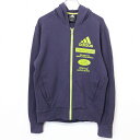 【中古】adidas アディダス L メンズ スウェット ジップアップ パーカー カットソー ミニ裏毛 プリント ロゴ 長袖 綿×ポリウレタン ネイビー 紺