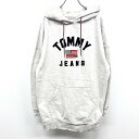 【中古】TOMMY JEANS トミージーンズ S レディース ロング丈 スウェット プルオーバー パーカー 裏起毛 ロゴ刺繍 星条旗 長袖 綿×ポリ 杢グレー