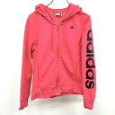【中古】adidas アディダス L レディース スウェット ジップアップ パーカー フーディー カットソー 裏毛 ロゴプリント 長袖 綿×ポリ ピンク系
