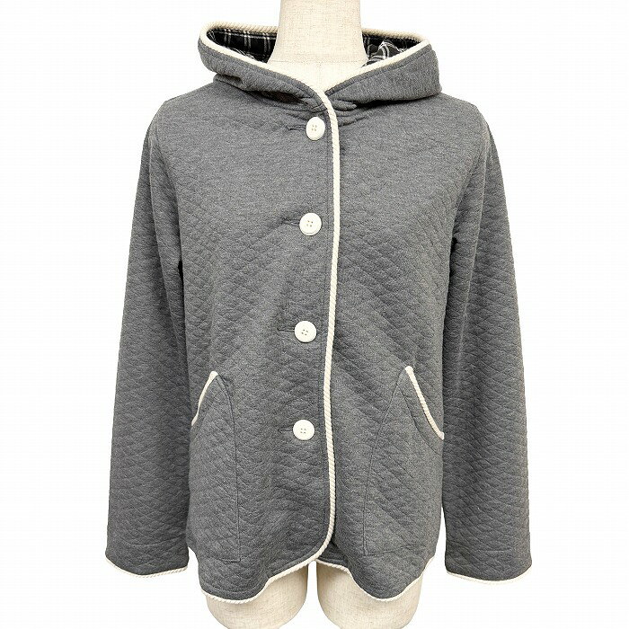 Rakuten - 【新品】[印象N] NAVY ネイビー キルトカットソー / フードカーディガン / パーカー レディース M ヘザーグレー 杢グレー×生成り×黒 ポリ100% ボタン留め フードにチェック柄裏地 スリムフィット 長袖