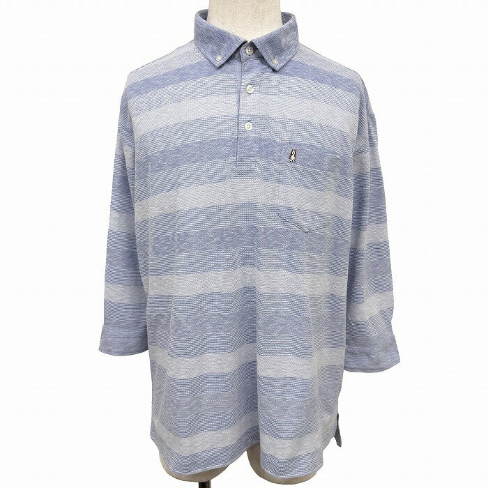 乐天商城 - 【中古】[印象A] HUSH PUPPIES ハッシュパピー ポロシャツ メンズ LL XL ネイビー 杢紺 綿×ポリエステル 古着 ボタンダウン 犬の刺繍 胸ポケット付き 裾の両サイドにスリット ボーダー柄 7分袖 ミャンマー製