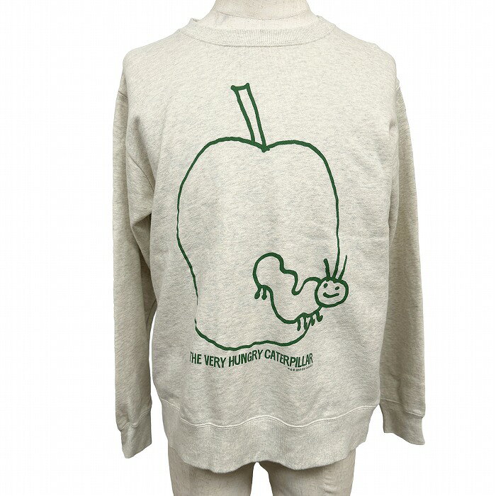 【中古】[印象AB] graniph グラニフ スウェットシャツ トレーナー 裏毛 裏パイル メンズ M ベージュ 杢生成り(灰MIX)×緑 綿100% コットン100% プリント クルーネック 長袖 中国製 古着 『THE VERY HUNGRY CATERPILLAR（はらぺこあおむし）』 両面プリント ロングスリーブ