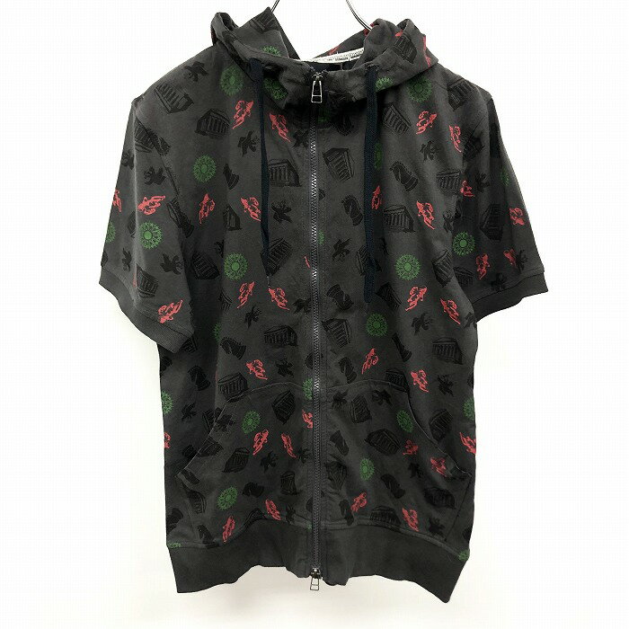 【新品】Raymond BASQUIAT - 2 レディース(メンズ？) ジップパーカー カラス ギリシャ神殿 チェスのナイト 半袖 綿100% チャコールグレー