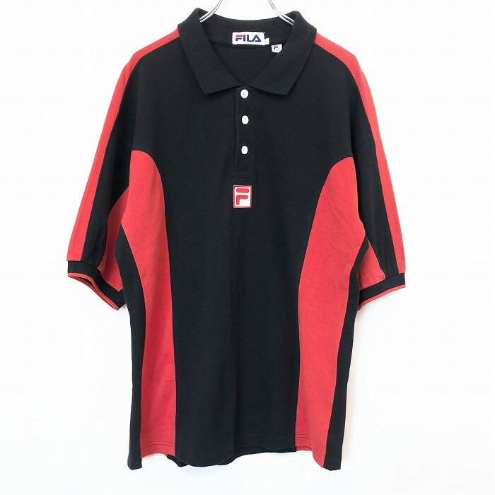 ＼9/11(日)02時まで!!楽天スーパーSALE／最大2,000円OFFクーポン★☆【中古】FILA フィラ M メンズ 男性 ポロシャツ カットソー 鹿の子 インポート古着 ロゴワッペン 半袖 ショートスリーブ 綿100% コットン レッド 赤