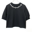 【中古】ViS ビス M レディース 女性 スウェットシャツ トレーナー カットソー 裏毛 首元に飾りビーズ 丸首 半袖 ポリエステル×綿 ブラック 黒