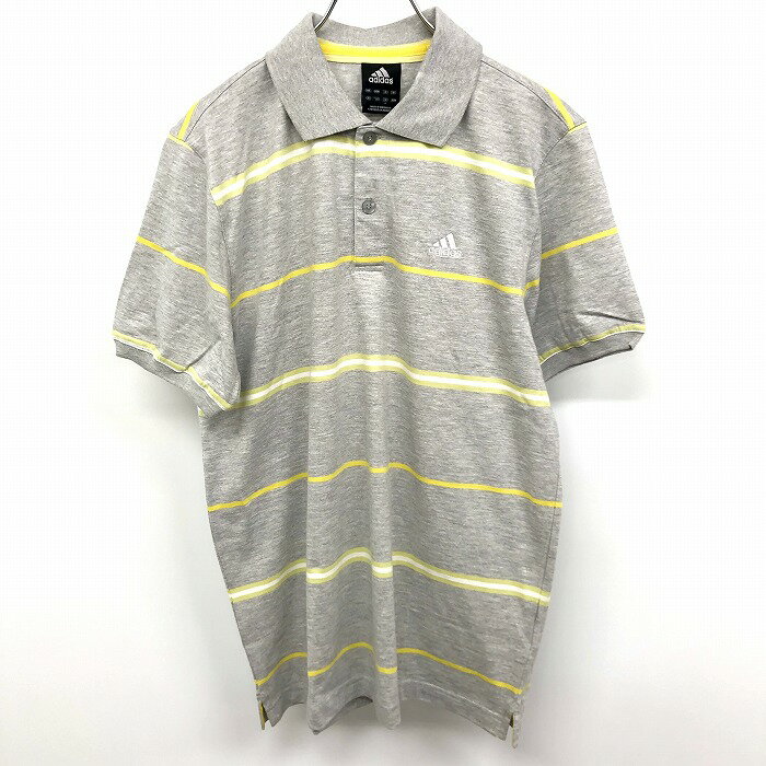 【新品】adidas アディダス L メンズ ポロシャツ Tシャツ生地 ボーダー ロゴ 半袖 綿×ポリ ヘザーグレー×イエロー系×グリーン 杢グレー