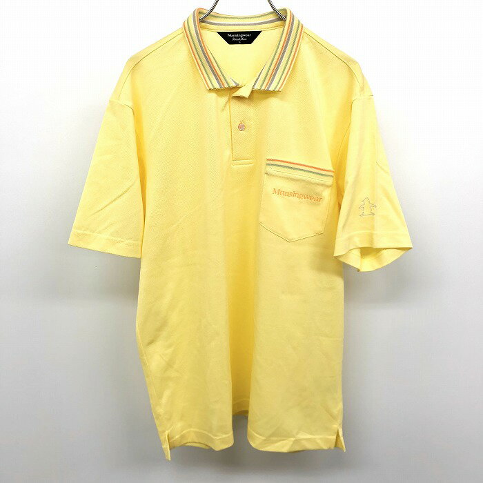 【中古】Munsingwear Grand Slam マンシングウェア グランドスラム L メンズ ポロシャツ カットソー 鹿の子 ボーダー柄の浅襟 半袖 イエロー 黄色