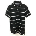 【中古】TOMMY HILFIGER トミーヒルフィガー S メンズ ポロシャツ スリムフィット 鹿の子 ボーダー 半袖 綿100% ブラック×オフホワイト 黒