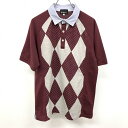 【中古】THE SHOP TK MIXPICE - L メンズ ポロシャツ ハーリキンチェック×ドット柄 切り替えし生地 鹿の子 半袖 ボルドー×ヘザーグレー 赤茶系(4)