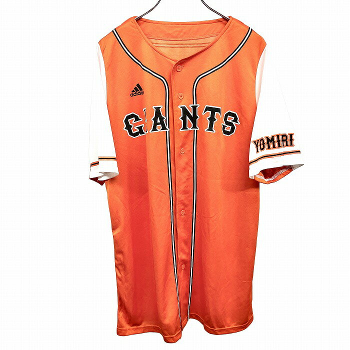 【中古】アディダス|読売ジャイアンツ 巨人 adidas|YOMIURI GIANTS 野球 応援シャツ ボタン留め 半袖 ロゴプリント ポリ100% L オレンジ メンズ