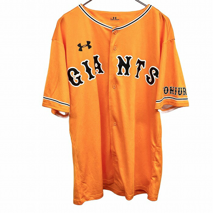 【中古】アンダーアーマー|読売ジャイアンツ 巨人 UNDER ARMOUR|YOMIURI GIANTS 野球 応援シャツ ボタン留め 半袖 ポリ100% L オレンジ メンズ