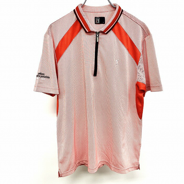 乐天商城 - 【中古】[印象A] TOURSTAGE ツアーステージ ポロシャツ メンズ L オレンジ ポリ100% ゴルフ ハーフジップ 浅襟 ロゴ刺繍 英字 文字 半袖 ショートスリーブ