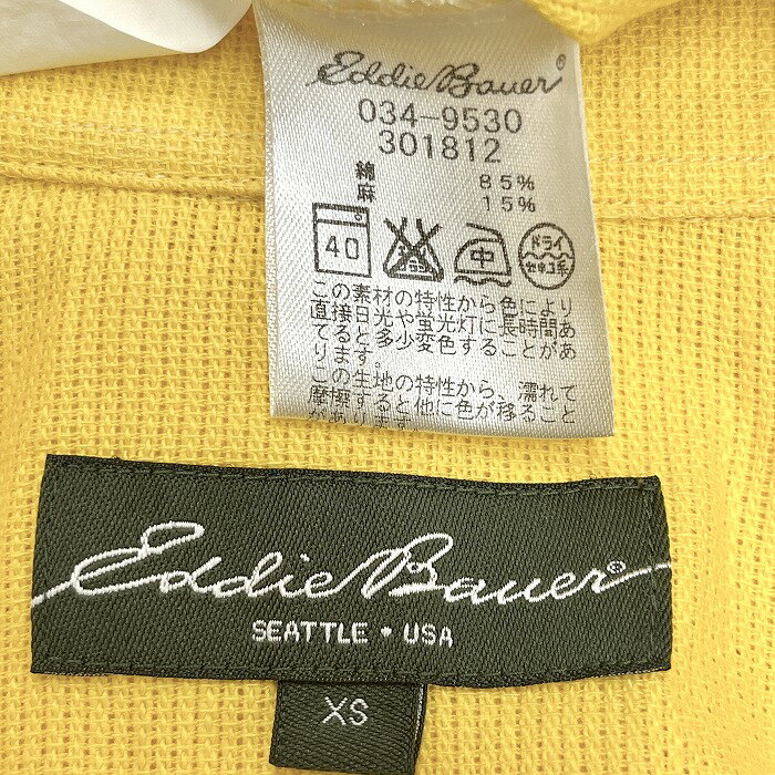 【中古】エディーバウアー Eddie Bauer ポロシャツ スキッパーシャツ 半袖 オープンカラー 無地 胸ポケット 綿×麻 XS イエロー 黄色 メンズ