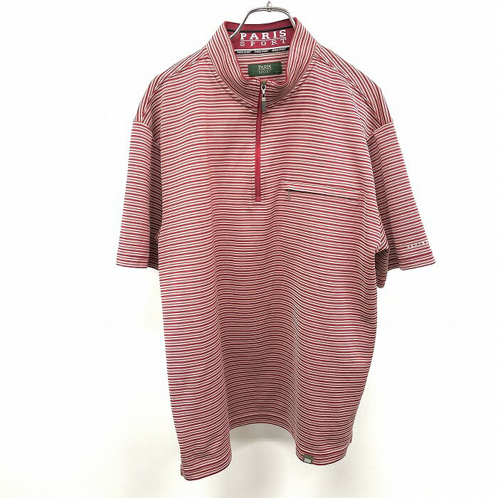 Rakuten - 【スーパーSALE★半額★対象商品】【中古】[印象AB] PARIS SPORT パリス スポーツ ポロシャツ メンズ LL XL 赤 レッド×ホワイト ジップポケット ハイネックポロ 半袖 ボーダー ハーフジップ 鹿の子 ロゴ刺繍