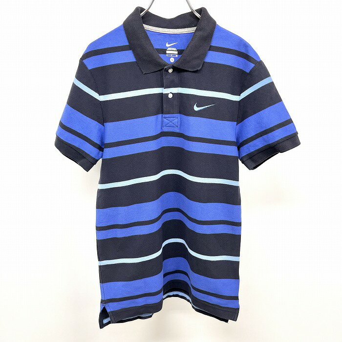 【開催中|本日/03/18(火)10:00〜3/21(金)09:59】＼FASHION SPECIAL FAIR／最大20%OFFクーポン配布中// 【中古】ナイキ NIKE ポロシャツ 半袖 ボーダー 鹿の子 スウォッシュのロゴ刺繍 カットソー ショートスリーブ 綿100% S ネイビー 紺 メンズ