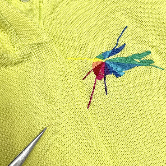Undo Rowa 楽天市場店の【中古】[印象AB] LACOSTE ラコステ ポロシャツ レディース 42 グリーン 黄緑×赤×青×オレンジ×黄 綿100% ポケット無し 鹿の子 ワニの刺繍 スリムフィット 半袖｜アングル3