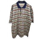 【中古】ダンヒル dunhill ポロシャツ Tシャツ生地 ボーダー 幾何学柄 半袖 イタリア製 ピュアコットン100% 40in 102cm ベージュ×紺×赤茶 メンズ(4)