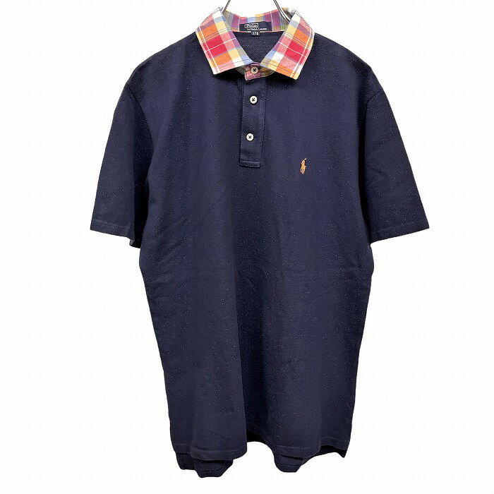 【中古】ポロバイラルフローレン ポロシャツ 鹿の子 チェック柄の襟 刺繍 半袖 綿100% 170 ネイビー 紺×赤系×オレンジ×白 ジュニア メンズ