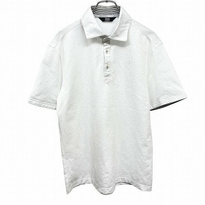 【中古】TAKEO KIKUCHI SPORT タケオキクチ スポーツ ポロシャツ 日本製 鹿の子 一部ストライプ裏地 シカの刺繍 動物 半袖 綿×ポリ LL XL (4) ホワイト 白×黒 メンズ