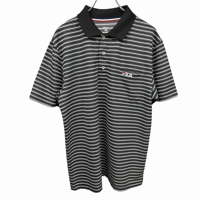 【中古】フィラ FILA ポロシャツ ボーダー ポケットにロゴ刺繍 半袖 ショートスリーブ スポーツ ポリ100% L ブラック 黒×グレー×赤×白 メンズ(4.0)