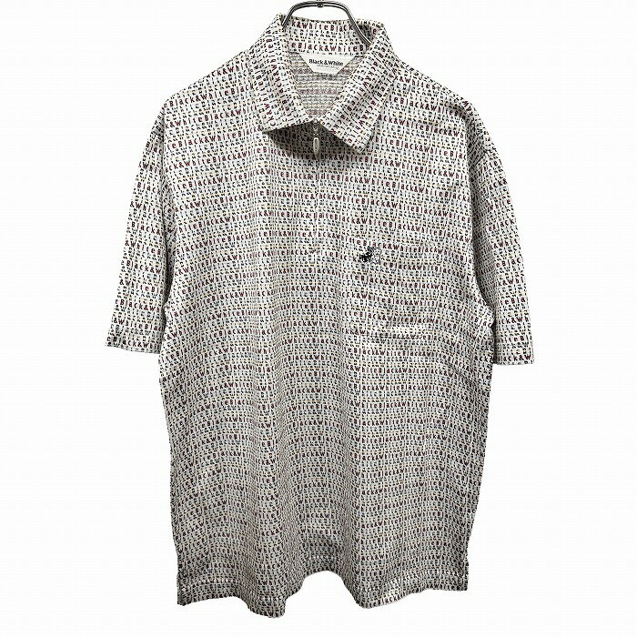 Rakuten - 【中古】[印象AB] Black＆White ブラックアンドホワイト ポロシャツ メンズ M ホワイト 白×赤×黄×茶 綿100% 胸ポケットあり ゴルフ 英字のロゴ柄 犬の刺繍 ハーフジップ 半袖