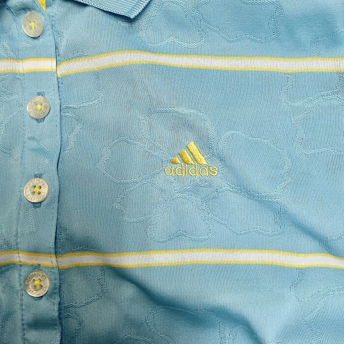 Undo Rowa 楽天市場店の【中古】[印象A] adidas アディダス ポロシャツ レディース L ブルー 青×黄×白 ポリ100% ゴルフ ボーダー×花柄 半袖 ポケット無し ロゴ刺繍｜アングル3