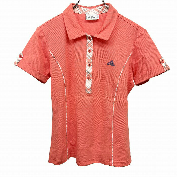 Rakuten - 【中古】[印象AB] adidas アディダス ポロシャツ レディース M サーモンピンク系 ピンク系×青×白系 ポリ×綿 ポケット無し ゴルフ 鹿の子 一部チェック柄 袖口ロールアップ 半袖