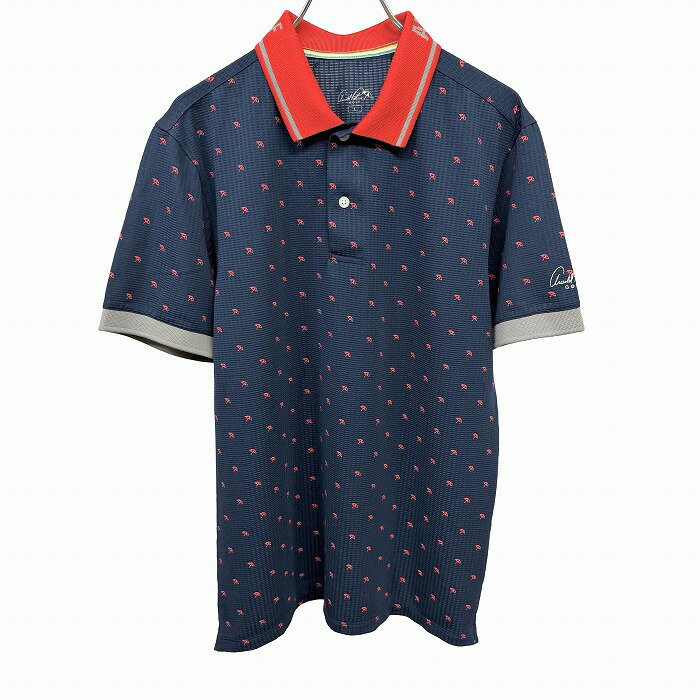 【もうすぐ開催|SALE商品多数!!|明日3/4日(水)20:00〜＼3月楽天スーパーSALE／セール会場はバナーより】【中古】アーノルドパーマー ゴルフ Arnold Palmer GOLF 少し薄手 ポロシャツ ロゴ柄プリント 半袖 ポリ100% L ネイビー 紺×赤系×グレー メンズ