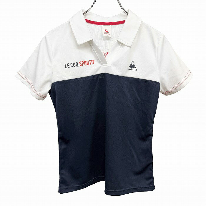 ルコックスポルティフ 【新品/訳アリ】 ゴルフ ポロシャツ 切り返し生地 スキッパー 開襟 ロゴ 半袖 ポリ100% M 白×紺×赤 レディース