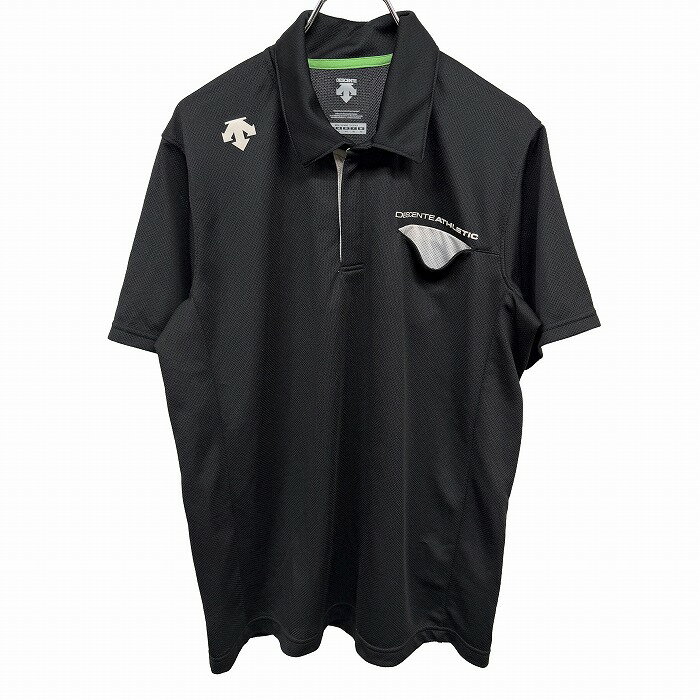Rakuten - 【中古】[印象AB] DESCENTE デサント ポロシャツ メンズ L ブラック 黒×グレー×緑 ポリ100% ロゴプリント 英字 文字 半袖 胸ポケット スポーツ 古着