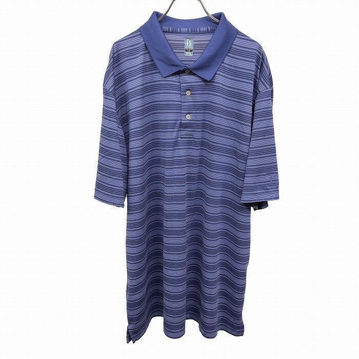 Rakuten - 【中古】[印象AB] PGA TOUR ピージーエーツアー ポロシャツ メンズ XXL 2XL 3L ネイビー 紺×白×黒 ポリ100% ポケット無し ゴルフ ボーダー 半袖 袖にロゴ刺繍