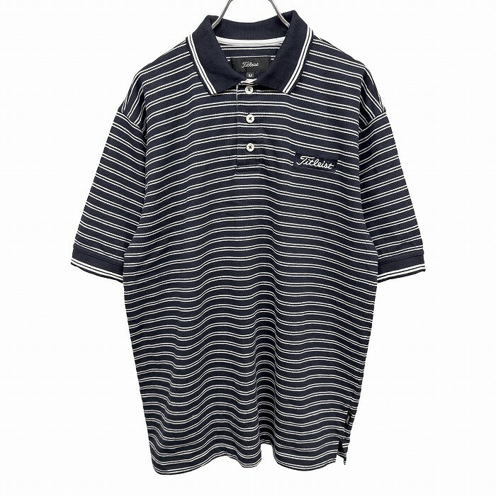 Rakuten - 【中古】[印象AB] TITLEIST タイトリスト ポロシャツ メンズ M ネイビー ネイビー×ホワイト 紺×白 綿×ポリエステル ボーダー 半袖 ゴルフ 胸と背中に英字のロゴ刺繍 ポケット無し 裾の両側にスリット ショートスリーブ