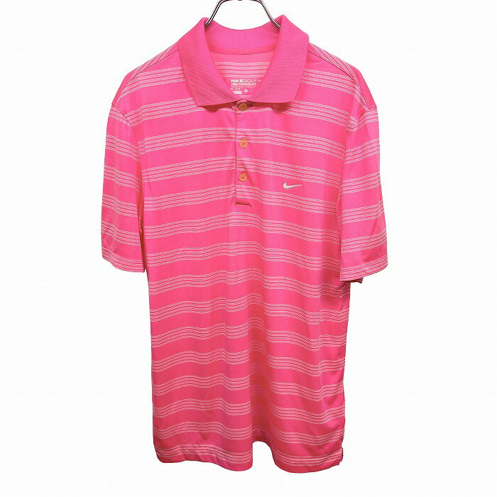 樂天商城 - 【中古】[印象AB] NIKE GOLF ナイキゴルフ ポロシャツ メンズ M ピンク ネオンピンク×ホワイト ネオンピンク×白 ポリエステル100% ボーダー柄 半袖 古着 胸にロゴ刺繍 ポケット無し 裾の両サイドにスリット ショートスリーブ