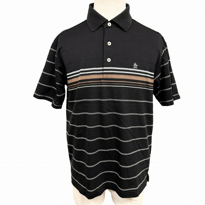 乐天商城 - 【中古】[印象AB] Munsingwear Grand Slam マンシングウェア グランドスラム ポロシャツ / ゴルフ メンズ M ブラック ブラック×ブラウン×ホワイト 黒×茶×白 綿×ポリエステル ボーダー柄 半袖 古着 ポケット無し 胸にペンギン刺繍 裾の両サイドにスリット