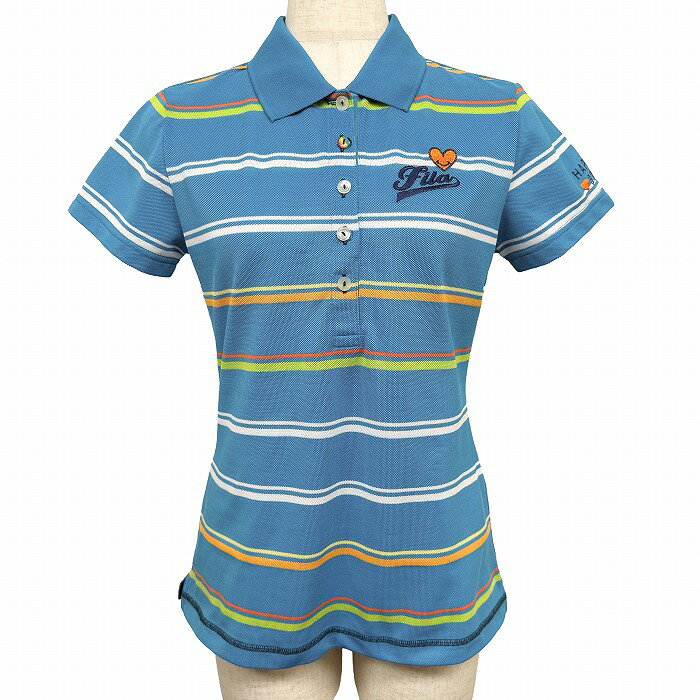 【中古】[印象AB] FILA GOLF フィラゴルフ ポロシャツ / スリムフィット レディース LL XL ブルー ブルー×グリーン×オレンジ×イエロー×ホワイト×ネイビー 青×緑×オレンジ×黄×白×紺 ポリエステル100% ボーダー柄 半袖 古着 鹿の子 ハートと英字の刺繍 ロゴ