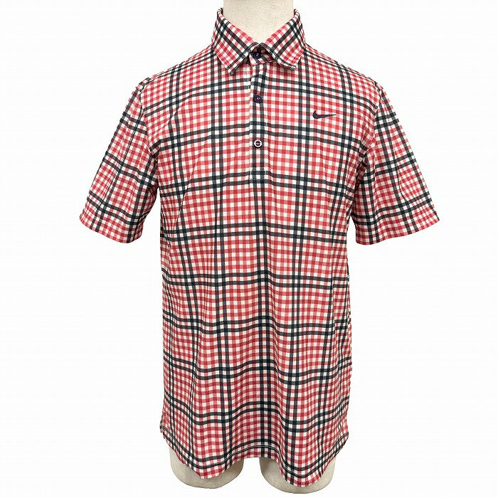 樂天商城 - 【中古】[印象AB] NIKE GOLF ナイキゴルフ ポロシャツ メンズ M レッド ピンクレッド×ブラック×ネイビー×オフホワイト 赤系×黒×紺×白系 ポリエステル100% チェック柄 半袖 古着 胸にロゴ刺繍 ポケット無し 裾の両サイドにスリット ショートスリーブ