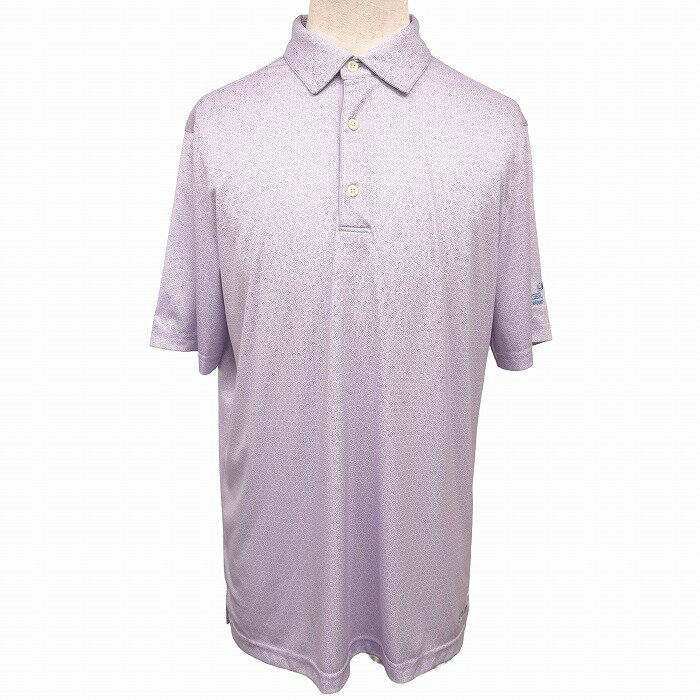 樂天商城 - 【中古】[印象A] GREG NORMAN グレッグノーマン ポロシャツ ゴルフ メンズ M パープル 紫×青×灰系 ポリエステル100% 古着 サークル×ドット柄 幾何学模様 左袖に英字刺繍 左裾にサメのロゴ刺繍 ポケット無し 裾の両サイドにスリット ショートスリーブ 総柄 半袖 中国製