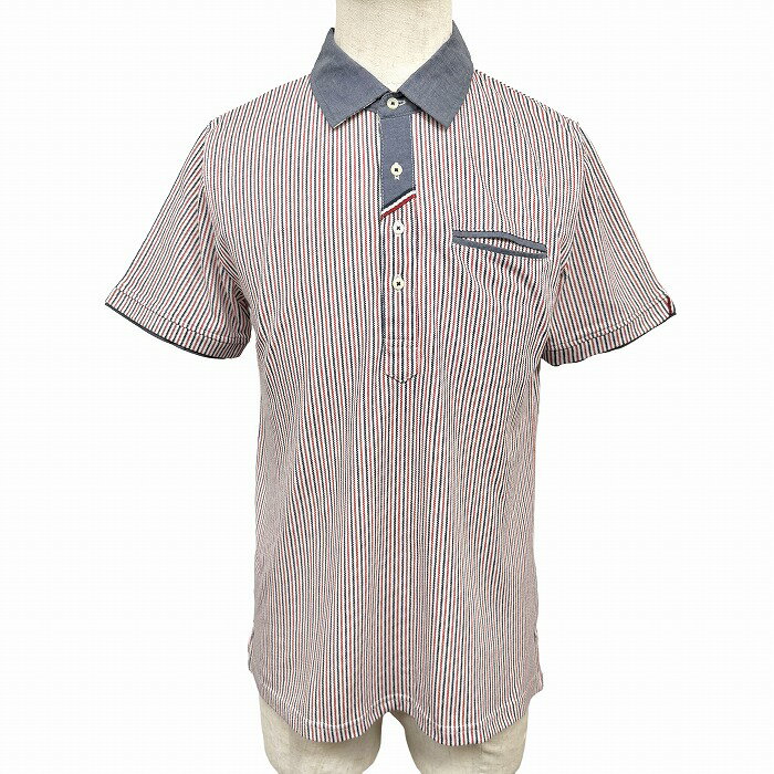 樂天商城 - 【中古】[印象A] MALE＆Co. メイルアンドコー ポロシャツ スリムフィット メンズ M レッド 赤×紺×白 ポリエステル×綿 ストライプ柄 長袖 中国製 古着 胸ポケット付き 裾の両サイドにスリット ショートスリーブ