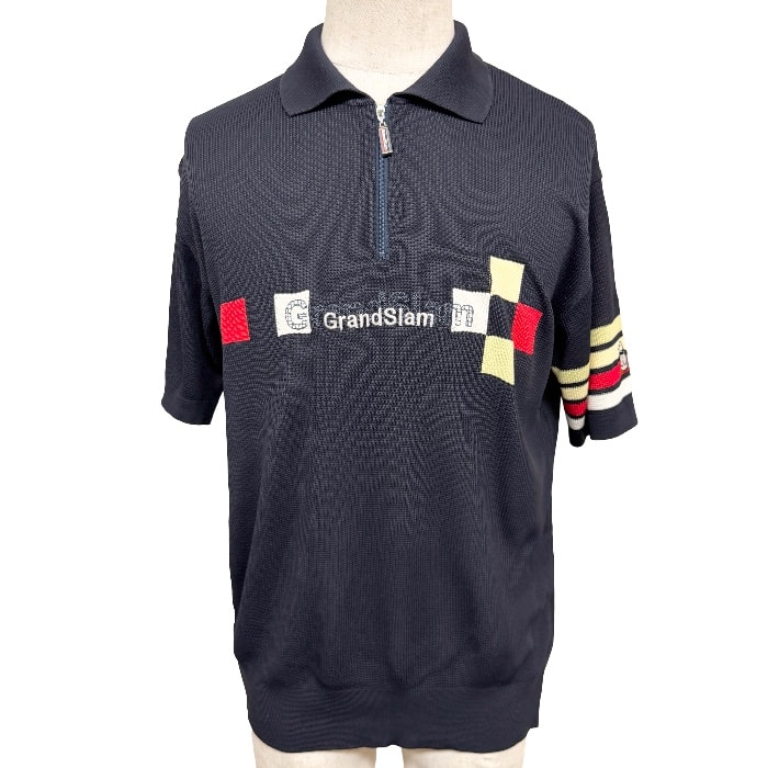 【中古】[印象AB] Munsingwear Grand Slam マンシングウェア グランドスラム とろみカットソー ゴルフシャツ ポロシャツ ゴルフウェア メンズ M ネイビー 紺×赤×黄×緑系×白 アクリル100% ロゴ柄 半袖 日本製 古着 ハーフジップ 左袖にボーダー柄とペンギン刺繍