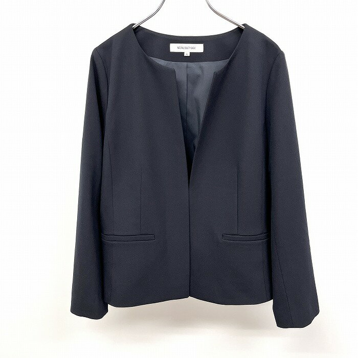 乐天商城 - 【中古】[印象A] NATURAL BEAUTY BASIC ナチュラルビューティーベーシック ノーカラージャケット ノーベント フロントホックは1箇所留めのデザイン フロントホック留め 総裏地 無地 長袖 ポリ×レーヨン×アクリルなど XL 紺 レディース