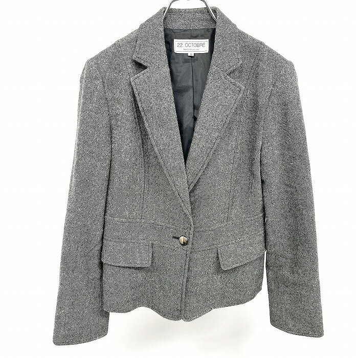 【もうすぐ終了|全品PT10倍|明日3/26(木)午前01:59まで＼3月お買い物マラソン／最大2千円OFFクーポン配布中】【中古】22 OCTOBRE - 40 レディース テーラードジャケット 総裏地 1つボタン留め 長袖 毛など ブラック×オフホワイト(ラメ糸：シルバー) 黒系