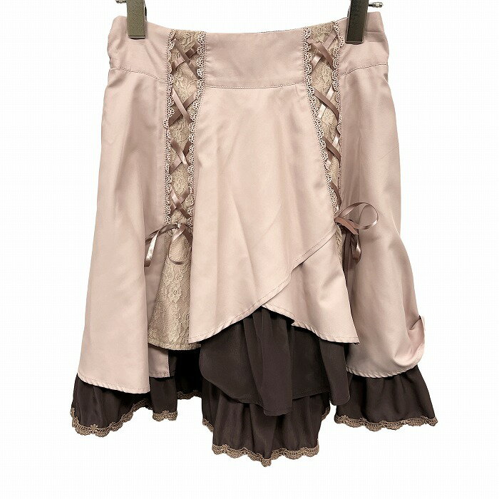 【中古】axes femme スカート ひざ丈 花柄レース レースアップ ウエストゴム 裏地付き ポリ100% M ベージュピンク ピンク系×茶 レディース