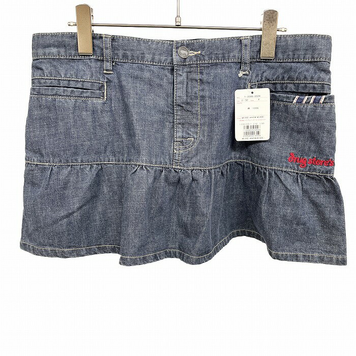 【全品ポイント10倍|開催中|～02/10(火)01:59まで＼2月お買い物マラソン／100円～2,000円OFFクーポン配布中】ドラッグストアーズ 【新品】 デニム ミニスカート 裏地無し ウエスト紐 フロントファスナー 刺繍 綿100% F ブルー 青×赤 レディース