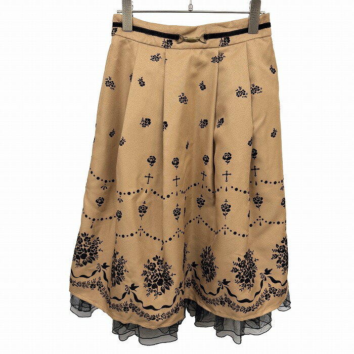 【中古】axes femme フレアスカート ひざ下丈 ウエストゴム 裏地付き 花柄フロッキープリント 裾チュール ポリ100% F ブラウン 茶×黒 レディース